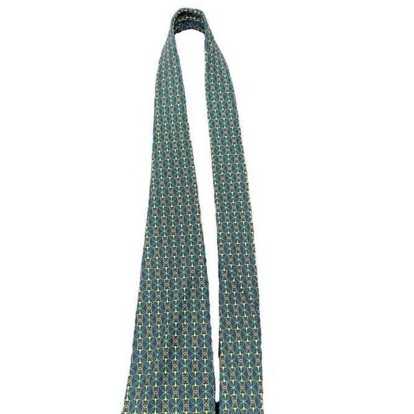 BALENCIAGA 100% Silk Necktie Lux Tie Horse Bit Classic Green Gold Classy Vintage - Picture 4 of 8